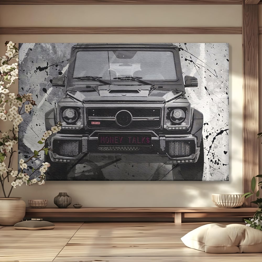 Tablou canvas cu tablou canvas cu masina mercedes neagra, fara rama, pe sasiu de lemn